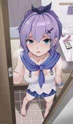 @_@ absurdres after_masturbation aqua_eyes armpit_crease azur_lane black_bow blue_eyes blush bow bracelet breasts chaye_mo checkered_clothes checkered_skirt commander_(azur_lane) commentary_request cross_hair_ornament dildo dutch_angle embarrassed female from_above full_body hair_ornament hairbow heavy_breathing highres indoors javelin_(azur_lane) jewelry looking_at_viewer medium_breasts medium_hair open_mouth opening_door portrait_(object) pov purple_hair pussy_juice sex_toy shirt skirt solo standing vibrator wavy_mouth white_shirt