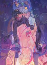 2boys 3lbmrnaa2beutua anal anal_insertion arms_around_neck backsack balloons balls barefoot birthday birthday_party black_hair blush buttplug embrace feet gay gintama gintoki_sakata happy_birthday hijikata_toshiro hug jacket jacket_on_shoulders lube lube_in_ass male male_only nosebleed police_officer police_uniform ribbon ribboned_body sex_toy shinsengumi_(gintama) soles waist_grab white_hair yaoi