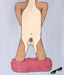 anonymous_artist anthro balls brown_body brown_fur canid canine canis chastity_cage chastity_cage_only chastity_device cushion domestic_dog fur genitals glasses_on_floor hands_behind_back head_out_of_frame kneeling lock male mammal multicolored_body multicolored_fur navel padlock pillow pink_chastity_cage pixel_sunglasses rags_(youtuber) red_pillow shiba_inu solo spitz traditional_media_(artwork) two_tone_body two_tone_fur