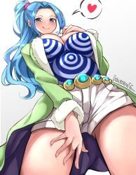 1girls baroque_works big_breasts blue_eyes blue_hair breasts cleavage clothed clothing female female_only heart kasumi6 low-angle_view miss_wednesday nefertari_vivi one_piece ponytail solo thick_thighs tongue_out