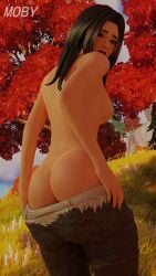 ass black_eyes black_fur black_hair breasts butt_crack fortnite fortnite:_battle_royale looking_at_viewer looking_back nature nature_background panda_team_leader pants pants_down pants_pulled_down pulling_down_pants showing_ass showing_breasts showing_off_ass syd_(fortnite) taking_clothes_off white_fur