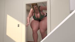 doorway ela_(rainbow_six) huge_ass huge_breasts huge_thighs ineffective_clothing leaning_forward mini_giantess polakpeasant rainbow_six_siege short_hair streaked_hair stretched_clothing