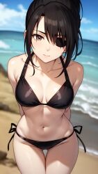 ai_generated arms_behind_back beach bikini black_bikini black_hair brown_hair eye_patch female female_only gintama hourglass_figure leaning_forward long_hair looking_at_viewer medium_breasts outside ponytail side-tie_bikini solo swimsuit thigh_gap wide_hips yagyuu_kyuubei