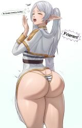 ass ass_focus butt_crack closed_eyes elf english_text female frieren from_behind huge_ass long_hair open_mouth pointy_ears shiny shiny_hair shiny_skin silver_hair solo sousou_no_frieren superbusty teardrop tears thong twintails very_long_hair yawn yawning