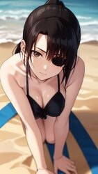 1girls ai_generated all_fours beach bikini black_bikini black_hair brown_hair cleavage eye_patch female female_only gintama long_hair looking_at_viewer medium_breasts outside ponytail solo yagyuu_kyuubei