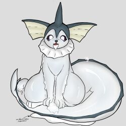 <3_eyes absurd_res bodily_fluids cum cumporeon eeveelution english_text female feral generation_1_pokemon genital_fluids heart hi_res mammal nintendo open_mouth pokemon pokemon_(species) simple_background solo tail tcg_(artist) text vaporeon white_body