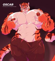 2023 abs absurd_res anthro areola barazoku big_bulge big_muscles big_pecs black_background bottomwear bulge character_name clothed clothing detailed_bulge english_text epic_games erection erection_under_clothing eyebrows felid fortnite fur genital_outline hi_res huge_bulge huge_muscles huge_pecs looking_at_viewer low-angle_view male male_only mammal meeromeeromeero muscular muscular_anthro muscular_male narrowed_eyes nipples open_mouth open_smile oscar_(fortnite) pantherine pants pec_grab pec_squeeze pec_squish pecs penis_outline scar simple_background smile solo squish standing text tiger topless topless_anthro topless_male tuft