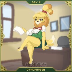 animal_crossing big_ass big_breasts big_nipples clothed epicpotatolord female female_only huge_breasts isabelle_(animal_crossing) nintendo nipples_visible_through_clothing no_bra office_lady pixel_art