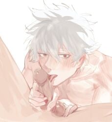 2boys blush erection fellatio gay gintama gintoki_sakata holding_penis licking_penis looking_at_viewer male male_only male_pov nude oral penis pov red_eyes solo_focus spread_legs tongue_out uncensored white_hair yaoi yuzhoufeitian