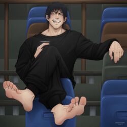 1boy alpha_male barefoot big_feet cocky cocky_smile dilf father feet foot_fetish foot_focus inkhashiras jujutsu_kaisen male male_feet male_focus male_only mature_male solo solo_male toji_fushiguro