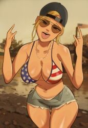 1girl 1girls 2020s 2023 adult adult_female adult_girl alternate_version_at_source american_flag_bikini background_character backwards_baseball_cap backwards_cap baseball_cap belly_button big_breasts bikini bikini_top black_headwear blonde_hair bottomwear breasts brown-tinted_eyewear busty cap cleavage clothed clothed_female clothes clothing cowboy_shot curvaceous curvy denim_shorts devil_horns_(gesture) evening eyewear female front_view fully_clothed gesture grand_theft_auto grand_theft_auto_vi grey_bottomwear gta_pedestrians hair half-closed_eyes happy hat headwear hi_res human jean_shorts large_breasts legs_together light-skinned_female light_skin long_hair long_hair_female looking_at_viewer midriff mud_girl_(gta_vi) navel necklace newguy1091 npc open_mouth outdoors pose posing redneck redneck_girl rockstar_games shorts smile smiling smiling_at_viewer snapback solo solo_female standing stomach strong_tomboy_(spectrum) sunglasses teeth thick_thighs thigh_gap thighs tinted_eyewear tomboy tongue tongue_out unnamed_character video_game_franchise voluptuous western_art wide_hips