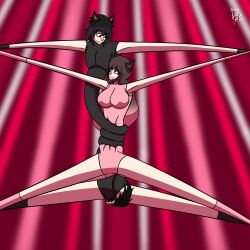 black_hair brown_hair cat_bell cat_boy cat_ears cat_girl cat_tail catboy elastic elastic_arms elastic_body elastic_legs elasticity elongation leotard meow-meow_(momothecatboy) momo_(momothecatboy) ribbon_on_tail superpowers