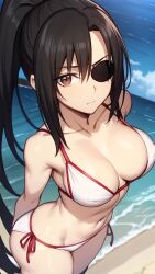 ai_generated alternate_costume arms_behind_back beach bikini black_hair brown_eyes cleavage eye_patch female female_only gintama high-angle_view long_hair long_hair_male medium_breasts outside ponytail side-tie_bikini solo swimsuit white_bikini yagyuu_kyuubei