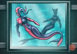 2girls batman_(series) bondage catwoman dc dc_comics defeated defeated_villainess female female_only full_body_suit harley_quinn latex mermaid mermaid_suit multiple_girls png re-maker tagme water