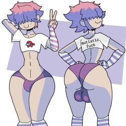 :3 amogus among_us among_us_reference autism big_ass big_balls big_thighs curvy femboy furu_flami furu_ice gay messy_hair peace_sign pink_hair posing short_shirt shorts socks striped_legwear text_on_clothing text_on_shirt text_on_topwear