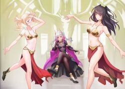 2023 3girls alternate_costume arm_grab armlet armpits bare_arms bare_legs belly_dancer belly_dancer_outfit black_hair blonde_hair blush bodystocking breasts cape cleavage commentary_request commission corruption cosplay crossed_legs dancer dancing dark_persona elbow_gloves embarrassed female female_only fingerless_gloves fire_emblem fire_emblem_awakening fire_emblem_heroes gloves grey_eyes grey_hair grima_(fire_emblem) hair_ornament harem harem_girl harem_outfit highres horns large_breasts legs light-skinned_female light_skin lissa_(fire_emblem) long_hair looking_at_viewer medium_breasts metal_bikini multicolored_hair multiple_girls navel nintendo official_alternate_costume possessed possession princess_leia_organa_solo princess_leia_organa_solo_(cosplay) purple_eyes purple_hair red_eyes robin_(female)_(fell_tactician)_(fire_emblem) robin_(fire_emblem) robin_(fire_emblem)_(female) see-through see-through_cleavage shiro_font shy shy_smile sideboob sitting skirt slave slave_bikini slave_leia_(cosplay) slave_outfit slavegirl small_breasts smile star_wars tharja_(fire_emblem) throne twintails yuri