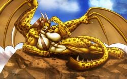 abs biceps big_breasts big_muscles breasts brown_hair cat cheetah cylnx dragon feline female hair horns huge_breasts hybrid large_breasts large_muscles long_hair muscles muscular muscular_arms muscular_female muscular_legs muscular_thighs pecs smile smiling spikes tail wings xilimyth