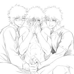 3boys class_3-z clothed_male_nude_male covering_face double_handjob embarrassed erection gay gintama gintoki_sakata glasses handjob line_art male male_only mmm_threesome monochrome multiple_persona muscular muscular_male nude_male official_alternate_costume penis selfcest smile teacher threesome yaoi yuzhoufeitian