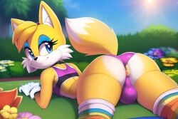 1boy ai_generated anthro anus ass ass_focus asshole big_ass big_butt blue_eyes canine canis femboy feminine_male feminine_tails flower fox garden girly huge_ass huge_butt mammal novelai panties presenting_hindquarters rainbow smile smiling smiling_at_viewer sonic_(series) sonic_the_hedgehog_(series) sunlight tails tails yellow_fur