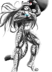 abs biceps big_breasts big_muscles breasts cat cylnx feline female hair huge_breasts large_breasts large_muscles leopard leopard_print long_hair muscles muscular muscular_arms muscular_female muscular_legs muscular_thighs pecs shorts spots tail weight