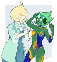 2018 2girls blonde_hair body_markings body_paint brush commission digital_media_(artwork) female gemsona green_hair green_skin light-skinned_female light_skin milf multiple_girls paint_brush peridot_nt32_(sinfulwalpurrgis) steven_universe unicagem vidalia_(steven_universe)