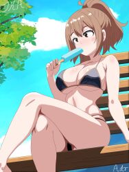 artist_name artist_signature bench big_breasts bikini brown_eyes brown_hair burning_aces crossed_legs eating_ice_cream my_hero_academia ochako_uraraka popsicle relaxed relaxing slim_waist