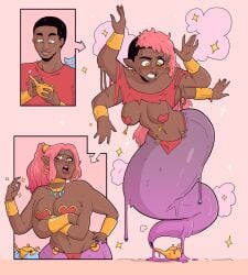 bimbofication breast_expansion dark-skinned_female djinn female four_arms gender_transformation genderswap_(mtf) genie hypnosis jamsnjellies large_breasts midriff navel thick_thighs transformation wide_hips