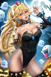 1girls 2023 2023s artist_signature ayyasap big_breasts blonde_female blonde_hair blonde_hair_female blue_earrings blue_eyes bodysuit boo_(mario) bowsette breasts claws crown detailed detailed_background earring earrings female full_moon ghost halloween halloween_2023 holding_tail horns jack-o'-lantern looking_at_viewer mario_(series) new_super_mario_bros._u_deluxe nintendo peepa pumpkin sfw sharp_claws smile spiked_collar spikes super_crown super_mario_bros. tail thick_thighs tongue_out torn_clothes torn_clothing watermark