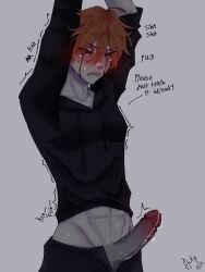 blush bondage clothing creepypasta dialogue english_text erection eyeless_jack pants pants_down penis penis_out precum rapidlyrotting solo sweat text tied_hands wet