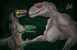 absurd_res anthro big_breasts blue_(jurassic_world) blue_stripes bodily_fluids breasts delta_(jurassic_world) dinosaur dromaeosaurid female female/female fingering forest genital_fluids group hi_res hybrid hypnosis hypnotic_eyes indominus_rex jungle jurassic_park jurassic_world kissing laser laser_pointer lindwormduality military_gear mind_control muscular muscular_female night osteoderms plant pupils pussy_juice quills red_eyes reptile saliva saliva_string scalie shaking sharp_teeth shivering slit_pupils stripes surprised_expression teeth theropod tongue tongue_out tree trio universal_studios velociraptor yellow_eyes