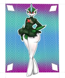 2023 3_fingers absurd_res ass big_butt bulge clothing fingers gallade generation_4_pokemon girly green_hair hair hi_res humanoid looking_at_viewer male nintendo not_furry pokemon pokemon_(species) red_eyes renv signature solo wide_hips