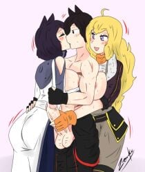 black_hair black_hair_female blake_belladonna blonde_female blonde_hair breasts cat_ears clothed_female erect_penis half-dressed half_naked handjob jin_satou kissing original_character purple_eyes rwby yang_xiao_long zronku