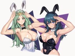 2023 2girls absurdres alternate_costume animal_ears armpits arms_up bare_arms bare_shoulders black_hairband black_leotard blue_eyes blue_hair bow bowtie breasts bunny_ears bunny_girl bunnysuit byleth_(female)_(fire_emblem) byleth_(fire_emblem) byleth_(fire_emblem)_(female) cleavage clothing_cutout commentary_request detached_collar fake_animal_ears female female_only fire_emblem fire_emblem:_three_houses gesture green_eyes green_hair grey_background hair_ornament hairband highres large_breasts leotard light-skinned_female light_skin long_hair looking_at_viewer mali-sa multiple_girls navel navel_cutout nintendo playboy_bunny pose rabbit_ears rhea_(fire_emblem) simple_background smile strapless strapless_leotard triangle upper_body very_long_hair white_hairband white_leotard