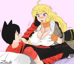 1boy 1girls black_hair blonde_female blonde_hair boobjob cat_ears clothed_female clothed_male hand_on_cheek jin_satou long_hair long_hair_female original_character paizuri purple_eyes rwby yang_xiao_long zronku