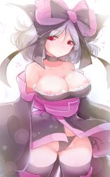 1girls artist_name artist_request beautiful_background black_choker black_panties black_underwear breasts choker cleavage clothing cute female female_focus female_only grey_hair hair_between_eyes large_breasts legs legwear long_sleeves looking_at_viewer moi_moi_(pop'n_music) nipple_slip nipples nipples_visible_through_clothing panties pop'n_music purple_eyes ribbon short_hair thick thick_thighs thighhighs underwear white_background