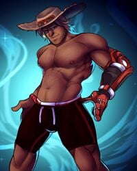 1boy 2019 activision bara bara_tits barazoku beard_stubble blizzard_entertainment bulge clothing cole_cassidy facial_hair gay hairy hairy_male lifeguard_cassidy looking_at_viewer male male_focus male_nipples male_only manly muscular_male nipples overwatch overwatch_2 shorts solo solo_male swim_trunks thedamnthinguy vorticesrig yaoi