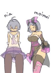 2girls artist_name artist_request ass black_legwear breasts choker closed_eyes embarrassed embarrassed_female female female_only grey_hair headphones headwear large_breasts legwear long_sleeves looking_at_viewer moi_moi_(pop'n_music) multiple_girls nia_(pop'n_music) nipples nipples_visible_through_clothing one_eye_closed panties pop'n_music ribbon see-through see-through_clothing see-through_panties short_hair thick_ass thick_thighs thighhighs thighs underwear white_background white_panties