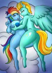 2girls anthro areola ass blonde_hair blue_body breasts cutie_mark duo equid equine feathered_wings feathers female female_only friendship_is_magic green_body hair hasbro hooves mammal multicolored_hair multicolored_tail my_little_pony nipples pegasus pink_eyes queenkittyok rainbow_dash_(mlp) rainbow_hair rainbow_tail tail thick_thighs thunderlane_(mlp) unguligrade_anthro wide_hips wings yellow_eyes yellow_tail