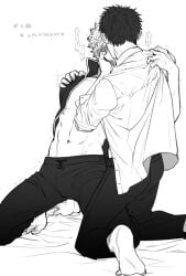 2boys barefoot deal_unzzya face_grab full_body gay gintama gintoki_sakata grabbing_clothing hijikata_toshiro kissing kneeling male male_only monochrome open_shirt shoulder_grab sleeves_rolled_up sweat toned toned_male unseen_male_face yaoi