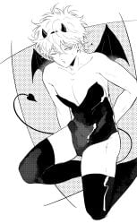 1boy crossdressing demon_boy demon_horns demon_tail demon_wings devil_horns fake_horns gintama gintoki_sakata incubus leotard male male_only monochrome one_eye_closed podo_dano solo thighhighs toned toned_male