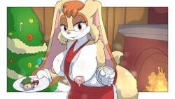 1girls anthro apron blush bodily_fluids breasts christmas cookie female fireplace food hi_res holidays lactating lactating_in_cup lactation lagomorph large_breasts leporid looking_at_viewer mammal milk musk naked_apron nipples offering_food rabbit rilesthecat sega solo sonic_(series) sonic_the_hedgehog_(series) steam sweat vanilla_the_rabbit