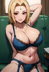 1girls ai_generated armpits big_breasts blonde_hair bra breasts breasts_bigger_than_head cleavage female female_only garter_belt garter_straps huge_breasts large_breasts lingerie lipstick looking_at_viewer makeup mature mature_female mature_woman milf nai_diffusion naruto naruto_(series) naruto_shippuden oppai panties pose posing sagging_breasts smile solo solo_focus stable_diffusion stockings subaruarm tsunade underwear underwear_only upper_body voluptuous voluptuous_female