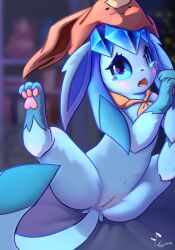 anthro blush canid canine cyanglass eeveelution felid feline female feral generation_4_pokemon glaceon hi_res mammal nintendo pokemon pokemon_(species) simple_background solo tail