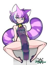 bell_collar blue_eyes blush bulge cat_ears cat_tail collar dress eyebrows eyebrows_visible_through_hair full_body pink_hair purple_hair shoes simple_background smile smug spread_legs taki_(joeydrawss) watermark