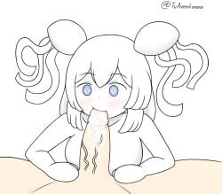 1girls blowjob blue_eyes breasts colored_skin cum fellatio funamusea grey_arts hair_bun hair_buns hair_ribbon hair_ribbons jellyfish_humanoid large_breasts light-skinned_male light_skin penis pov pulmo wadanohara_and_the_great_blue_sea white-skinned_female white_hair white_skin