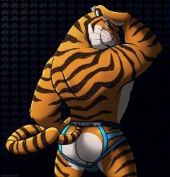 2023 absurd_res anthro ass bedroom_eyes bulge clothed clothing disney ethancostas felid fur hi_res jockstrap jockstrap_only looking_at_viewer looking_back looking_back_at_viewer male male_only mammal narrowed_eyes orange_body orange_fur pantherine perineum pinup pose rear_view seductive solo striped_body striped_fur stripes tail text text_on_clothing text_on_jockstrap text_on_underwear tiger tiger_dancer_(zootopia) topless underwear underwear_only zootopia