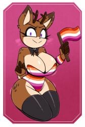 accessory anthro antlers big_breasts blush breasts brown_body brown_fur brown_spots bunny_costume clothing costume embarrassed female flag fur holding_flag holding_object horn legwear lesbian_pride_colors lgbt_pride lingerie multicolored_body multicolored_clothing multicolored_fur multicolored_lingerie multicolored_teddy multicolored_wristband neck_bow nelljoestar orange_lesbian_pride_colors pattern_clothing pink_clothing pride_color_accessory pride_color_clothing pride_color_flag pride_color_lingerie pride_color_swimwear pride_color_teddy pride_color_wristband pride_colors purple_eyes solo spots stated_homosexuality stated_sexuality stockings striped_clothing stripes swimwear tan_body tan_fur teddy_(clothing) thick_thighs thigh_highs two_tone_body two_tone_fur winter_(nelljoestar) wristband