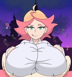 1boy 1girls alolanfirestone alternate_breast_size amanda_o'neill big_breasts breasts dress_shirt green_eyes happy happy_paizuri happy_sex highres huge_breasts large_breasts licking_lips little_witch_academia looking_at_viewer night orange_hair paizuri paizuri_lead_by_female paizuri_on_lap paizuri_under_clothes pov pov_eye_contact pov_paizuri red_hair smile straight tongue tongue_out