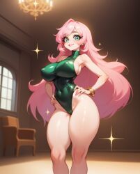 1girls ai_generated big_breasts breasts chandelier clothed clothing curvy eyebrows_visible_through_hair female female_only green_eyes navel_visible_through_clothes nipple_bulge original pink_hair rocksolidart solo solo_female thick_thighs tight_clothing very_long_hair wide_hips