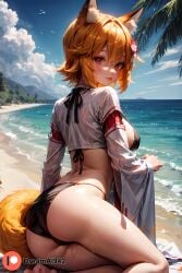 1girls ai_generated animal_ears ass beach big_breasts bikini blue_eyes dreamai942 female female_only fox_ears fox_tail girl hi_res high_resolution highres large_ass large_breasts looking_at_viewer looking_back looking_backopen_clothes senko_(sewayaki_kitsune_no_senko-san) sewayaki_kitsune_no_senko-san sideboob solo